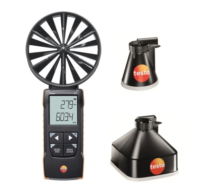 TESTO 417 anemometer 0,3-20 m/s, vrtuľkový, s meracími lievikmi, ovládanie smartfónom, v puzdre (sada)