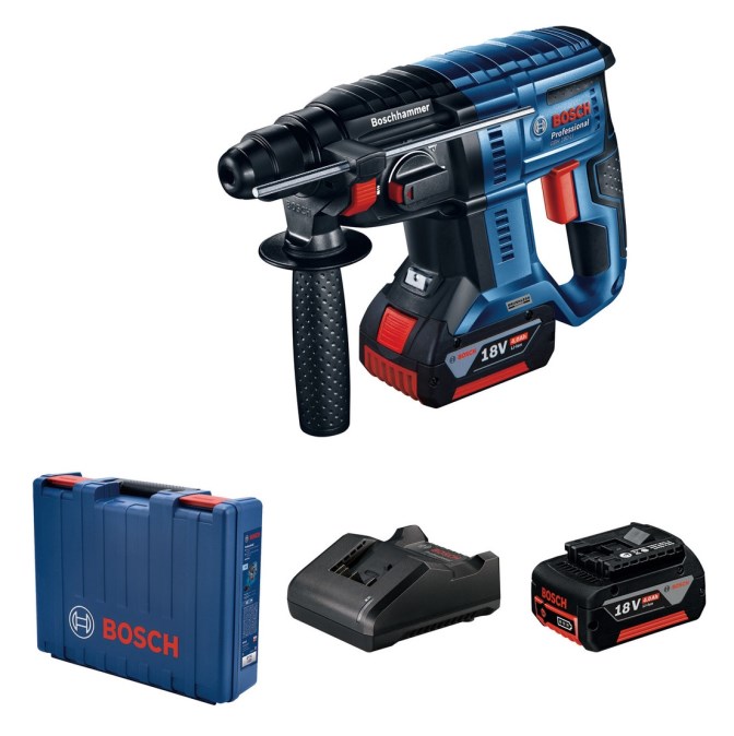 BOSCH PROFESSIONAL GBH 180-LI aku kombinované kladivo 2,0 J, 18 V, SDS-Plus, 2x akumulátor 4,0 Ah, nabíjačka, kufor