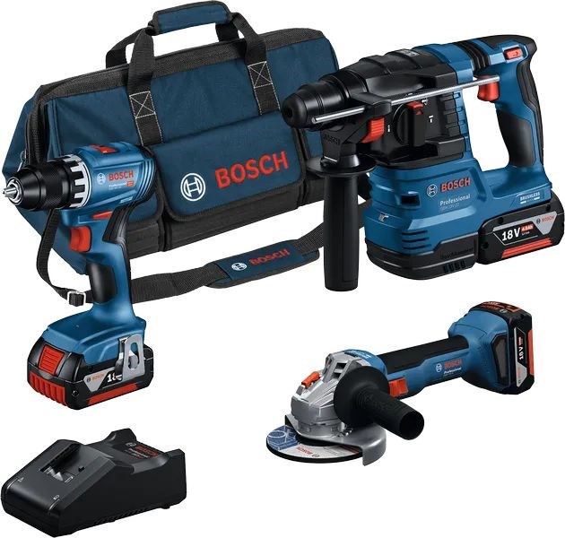 BOSCH PROFESSIONAL set aku vŕtacie kladivo GBH 185-LI + vŕtací skrutkovač GSR 185-LI + uhlová brúska GWS 18V-8 + 3x akumulátor 4,0 Ah + nabíjačka + taška