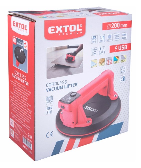 EXTOL PREMIUM aku prísavka 200 mm, 150 kg, 3,7 V, akumulátor 2,0 Ah, USB