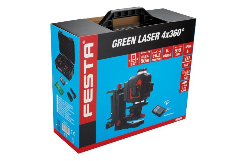 FESTA zelený krížový laser, 3,7 V, nabíjačka, v kufri