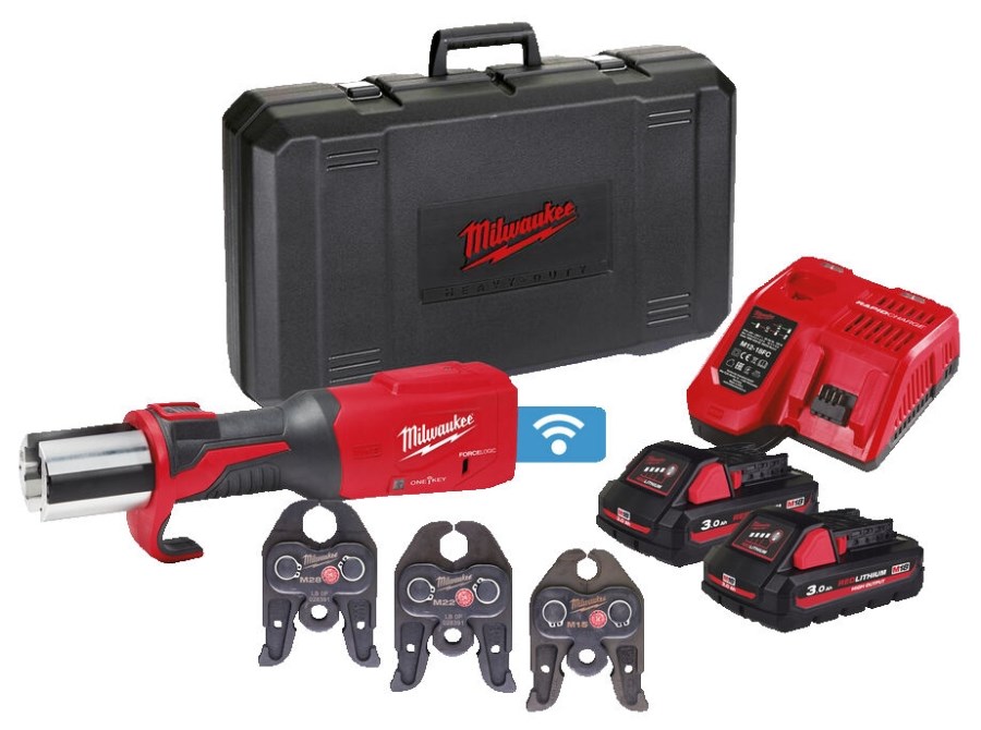 MILWAUKEE M18 ONEBLHPT-302C M-SET aku radiálny lis 12-108 mm, 32 kN, 18 V, 2x akumulátor 3,0 Ah, nabíjačka, čeľuste M 15-22-28, kufor