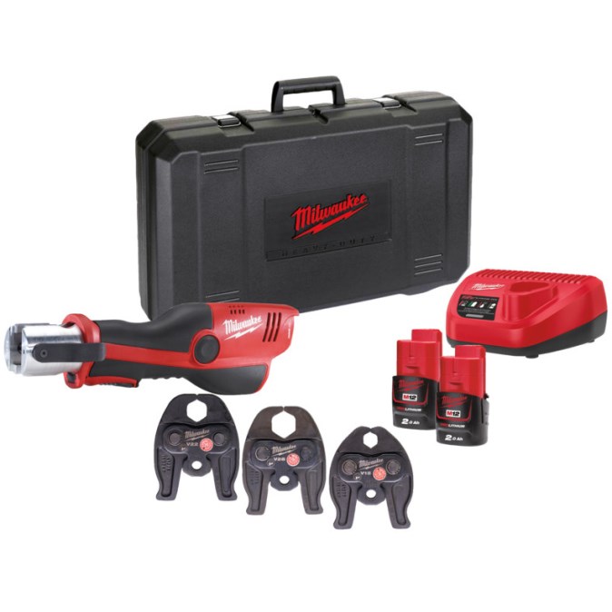 MILWAUKEE M12 HPT-202C V-SET aku radiálny lis 12-40 mm, 19 kN, 12 V, 2x akumulátor 2,0 Ah, nabíjačka, čeľuste V 15-22-28 mm, kufor