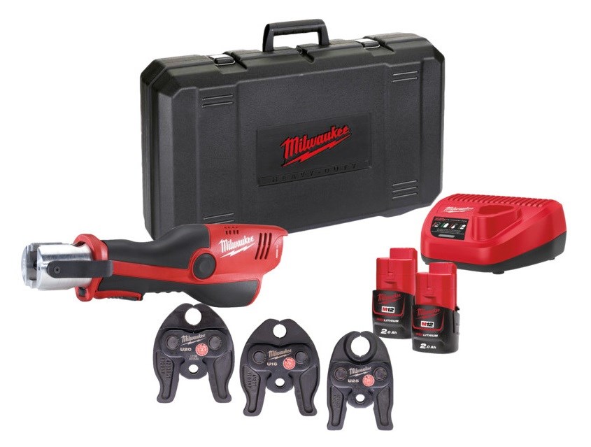 MILWAUKEE M12 HPT-202C U-SET hydraulický lis 16/20/25mm, U profil, 12V, 19kN, 2x2,0Ah akumulátor, nabíjačka, kufor