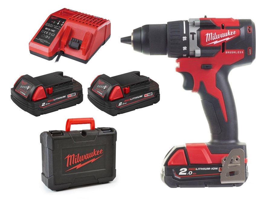 MILWAUKEE M18 CBLPD-202C aku príklepová vŕtačka 18 V, 2x akumulátor 2,0 Ah, nabíjačka, kufor