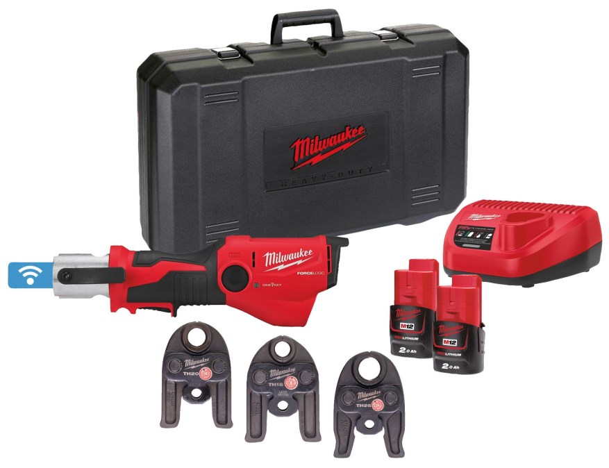 MILWAUKEE M12 ONEHPT-202C TH-SET aku radiálny lis 12-40 mm, 19 kN, 12 V, 2x akumulátor 2,0 Ah, nabíjačka, čeľuste TH 16-20-26, kufor (sada)