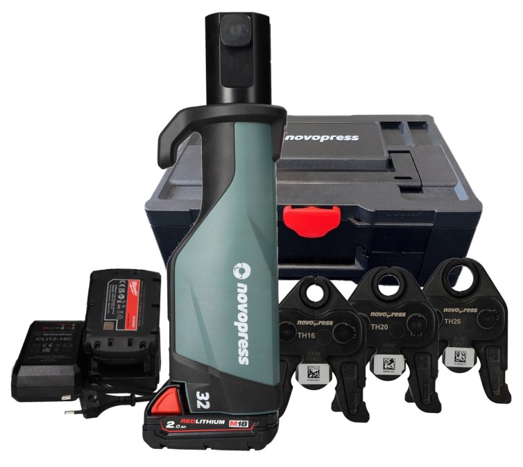NOVOPRESS 32 aku radiálny lis 12-110 mm, 32 kN, 18 V, akumulátor 2,0 Ah, nabíjačka, čeľuste TH 16-20-26, kufor (sada)