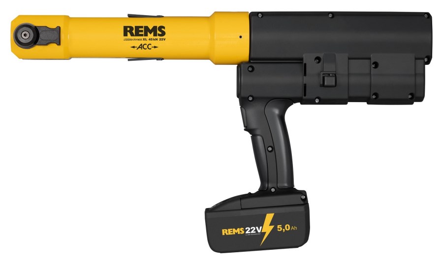 REMS AKKU-PRESS XL 45kN 22V ACC aku radiálny lis 64-108 mm, 45 kN, 21,6 V, s núteným chodom, akumulátor 5,0 Ah, nabíjačka, medzikliešte, kufor