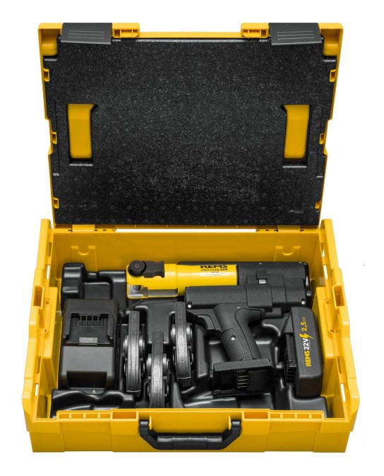 REMS MINI-PRESS 22V ACC aku radiálny lis 10-40 mm, 22 kN, 21,6 V, s núteným chodom, akumulátor 2,5 Ah, nabíjačka, čeľuste U 16-20-25, kufor
