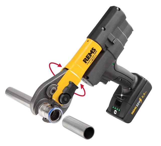REMS MINI-PRESS 22V ACC aku radiálny lis 10-40 mm, 22 kN, 21,6 V, s núteným chodom, akumulátor 2,5 Ah, nabíjačka, čeľuste U 16-20-25, kufor