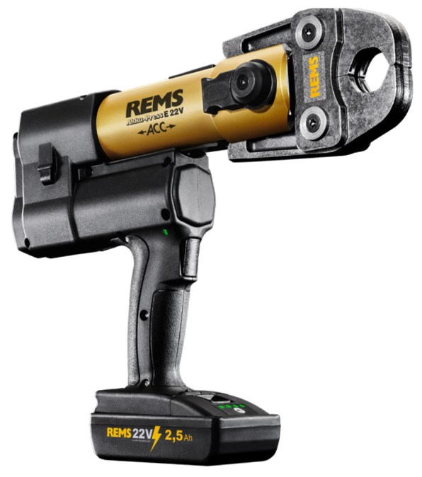 REMS AKKU-PRESS E 22V ACC GOLD aku radiálny lis 10-108 mm, 32 kN, 21,6 V, s núteným chodom, akumulátor 2,5 Ah, nabíjačka, kufor