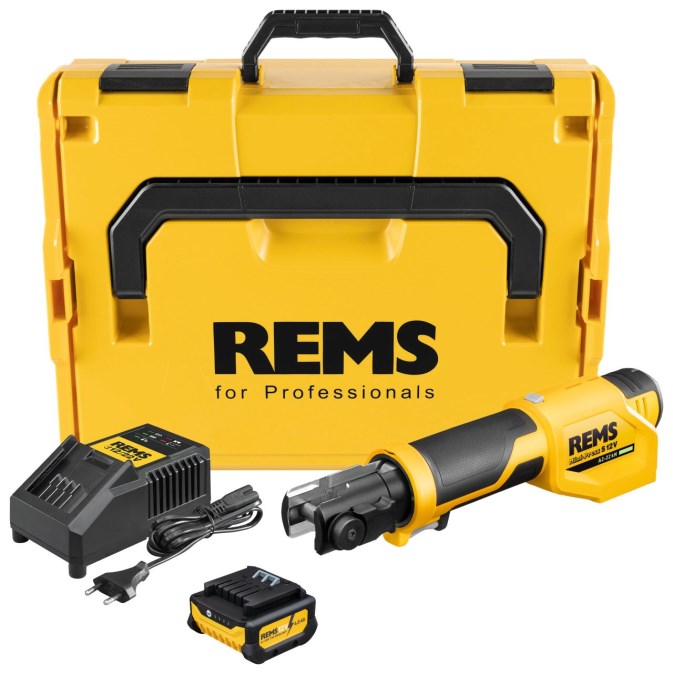 REMS MINI-PRESS S 12V A2-22kN aku radiálny lis 10-40 mm, 22 kN, 12 V, s núteným chodom, akumulátor 4,0 Ah, nabíjačka