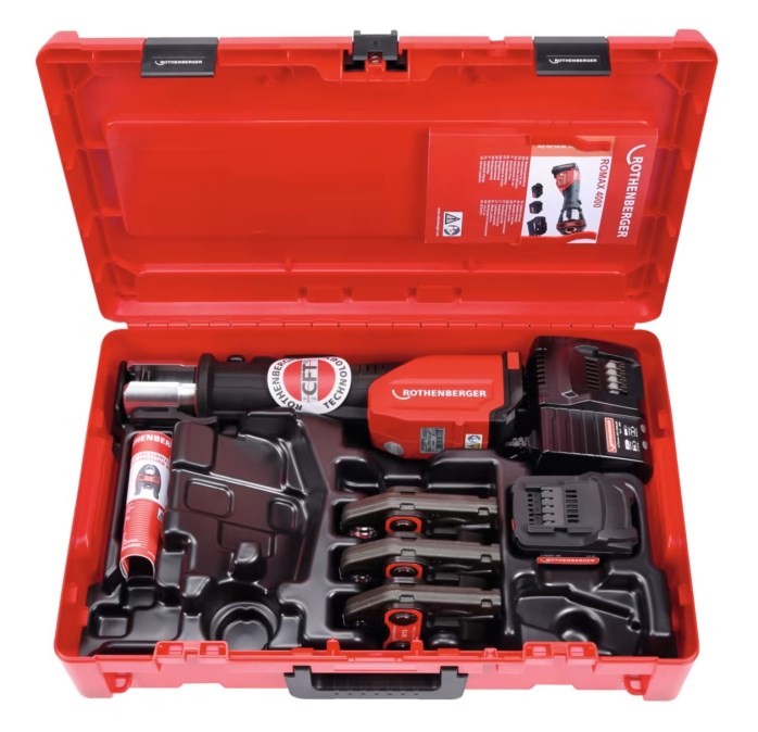 ROTHENBERGER ROMAX 4000 aku radiálny lis 12-108 mm, 32 kN, 18 V, s núteným chodom, akumulátor 4,0 Ah, nabíjačka, čeľuste M 15-22-28, kufor