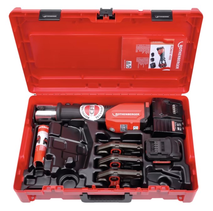 ROTHENBERGER ROMAX 4000 aku radiálny lis 12-108 mm, 32 kN, 18 V, s núteným chodom, akumulátor 4,0 Ah, nabíjačka, čeľuste TH 16-20-26, kufor