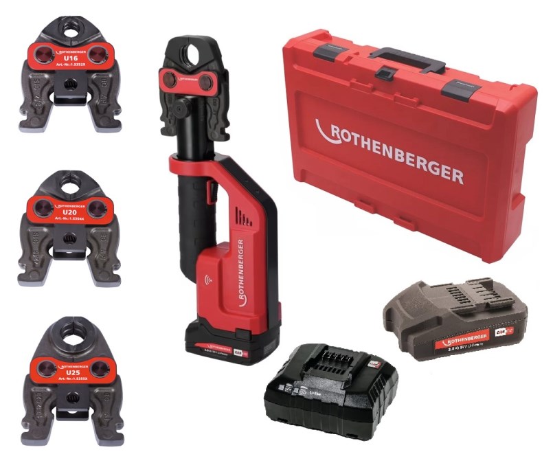 ROTHENBERGER ROMAX COMPACT III aku radiálny lis 12-40 mm, 19 kN, 18 V, akumulátor 2,0 Ah, nabíjačka, čeľuste U 16-20-25, kufor (sada)