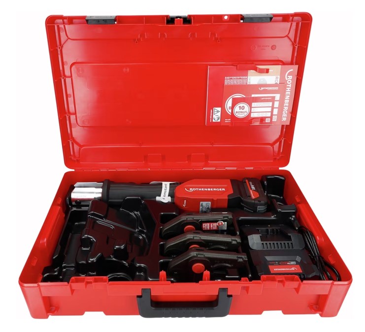 ROTHENBERGER ROMAX 4000 EU AMP aku radiálny lis 12-108 mm, 32 kN, 18 V, s núteným chodom, akumulátor 4,0 Ah, nabíjačka, čeľuste TH 16-20-26, kufor (sada)