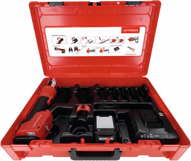 ROTHENBERGER ROMAX NANO aku radiálny lis 0-108 mm, 32 kN, 18 V, akumulátor 2,0 Ah, nabíjačka, kufor (sada)