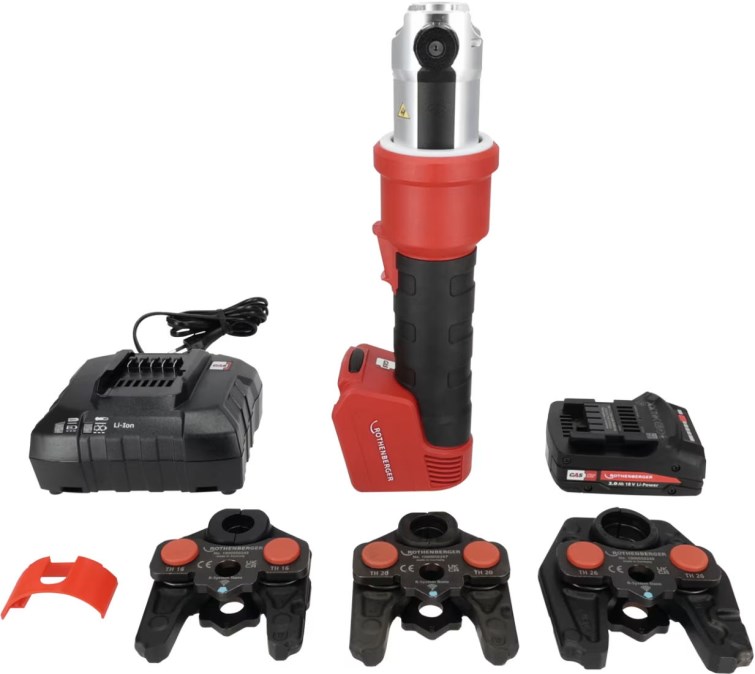 ROTHENBERGER ROMAX NANO aku radiálny lis 0-108 mm, 32 kN, 18 V, akumulátor 2,0 Ah, nabíjačka, čeľuste TH 16-20-26, kufor (sada)