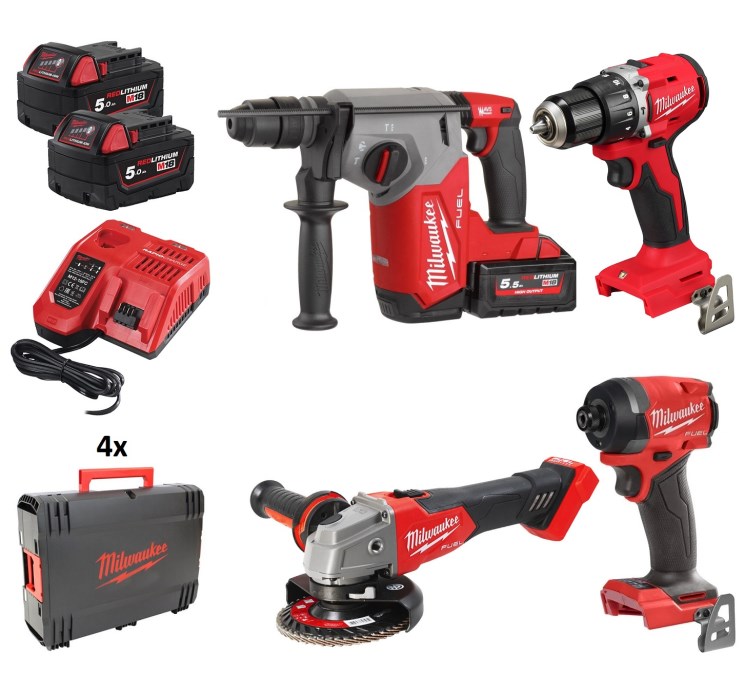 MILWAUKEE M18 SET 4 aku rázový uťahovač + kladivo + uhlová brúska + vŕtačka + 2x akumulátor + nabíjačka + kufor