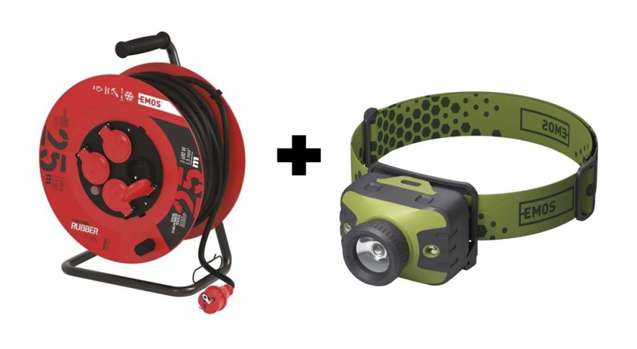 EMOS predlžovací kábel na bubne 25m, 230V, 1,5mm2, 4 zásuvky, čierna + CREE LED čelovka 330lm, 3xAAA, zeleno-čierna