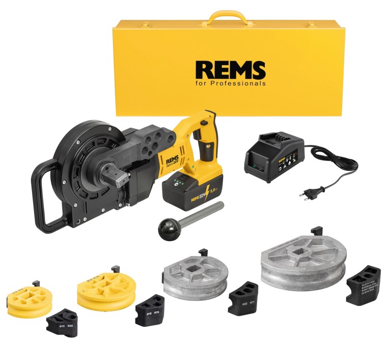 REMS CURVO 22 V aku ohýbačka 10-40 mm, do 180°, 21,6 V, akumulátor 5,0 Ah, nabíjačka, segmenty 15-18-22-28 mm, kufor