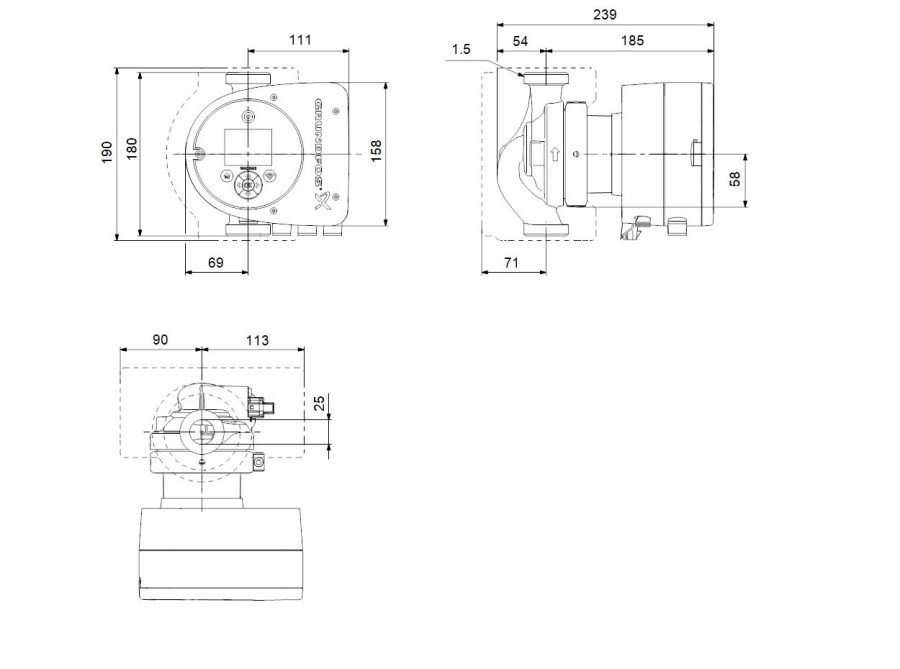 GRUNDFOS MAGNA3 25-60 N mokrobežné obehové čerpadlo 9,1 m3/h, 180 mm