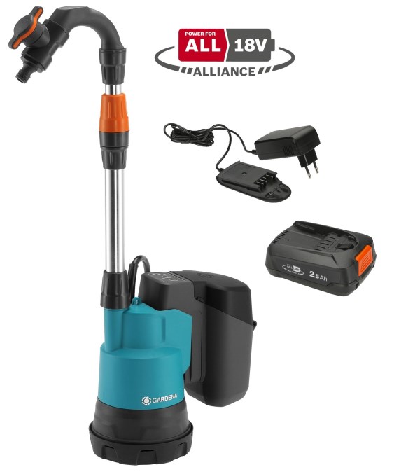 GARDENA 2000/2 18V P4A aku čerpadlo do suda 18V, 20 m, s nabíjačkou a batériou
