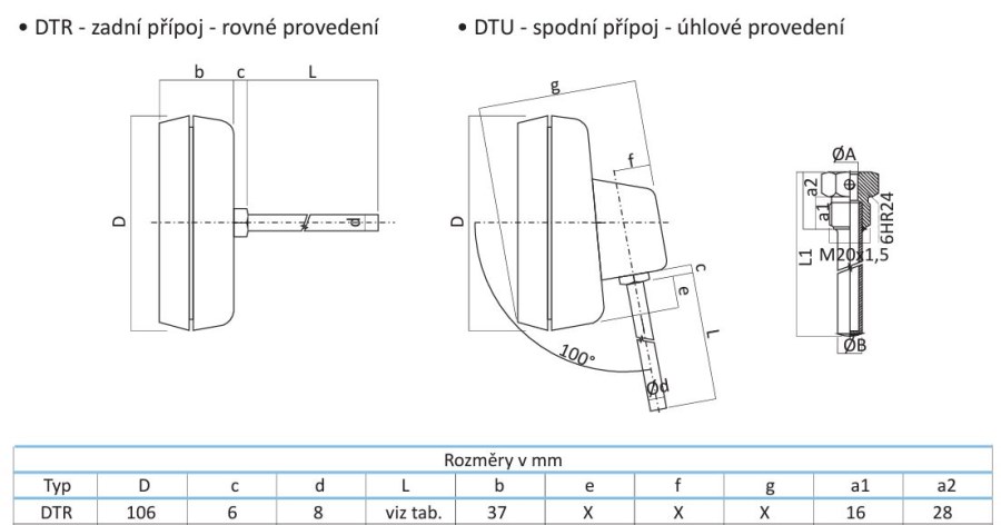 Teplomer DTR 100mm, 0+120°C, priamy, bimetalový, zadný prípoj