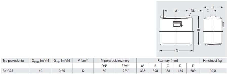 Membránový plynomer BK G25 DN50, 335mm, 40m3/h, priemyselný