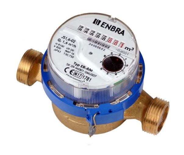 ENBRA ER-AM vodomer bytový DN15, l = 110mm, Q3 = 1,6 m3/h suchobežný, teplá voda 90 ° C, s prípravou pre rádiový M-BUS, impulzný modul