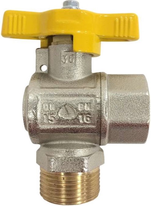 GREINER guľový kohút 3/4“x3/4", rohový, s vonkajším a vnútorným závitom, plyn, mosadz, poniklované