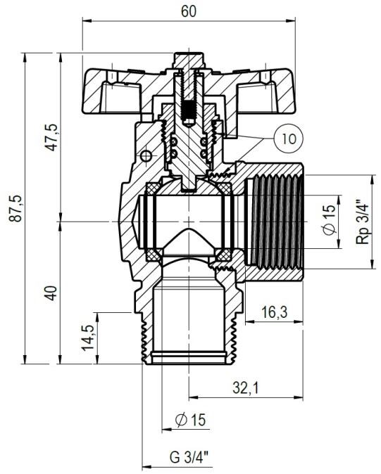 GREINER guľový kohút 3/4“x3/4", rohový, s vonkajším a vnútorným závitom, plyn, mosadz, poniklované