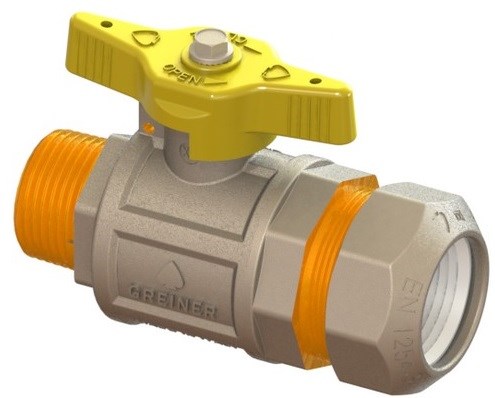 GREINER guľový kohút 1"x32mm, plnoprietokový, ťažké prevedenie, s vonkajším závitom, svorný, acetalový sv. krúžok, plyn, mosadz, poniklované