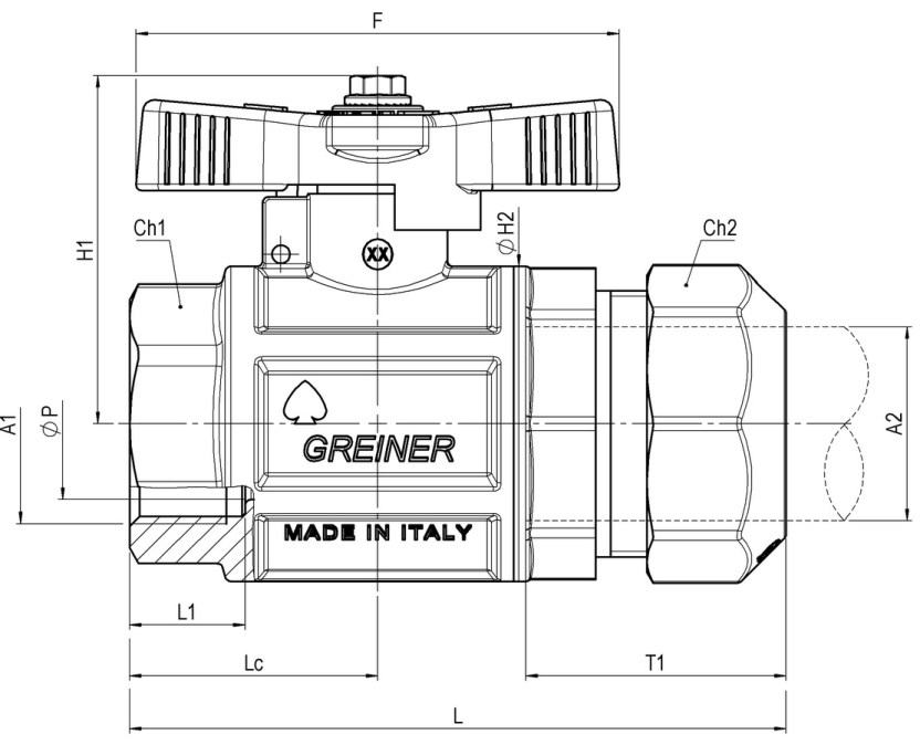 GREINER guľový kohút 1 1/4"x40mm, plnoprietokový, ťažké prevedenie, s vnútorným závitom, svorný, acetalový sv. krúžok, plyn, mosadz, poniklované