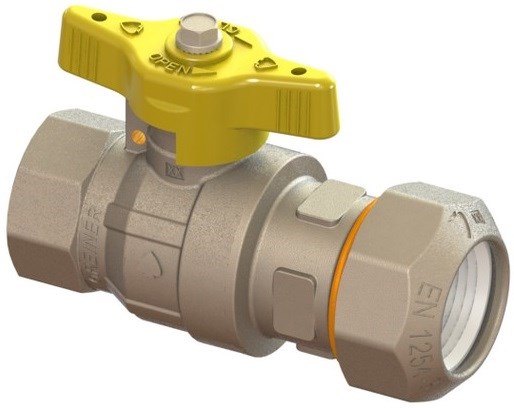 GREINER guľový kohút 1"x32mm, plnoprietokový, ľahké prevedenie, s vnútorným závitom, svorný, acetalový sv. krúžok, plyn, mosadz, poniklované