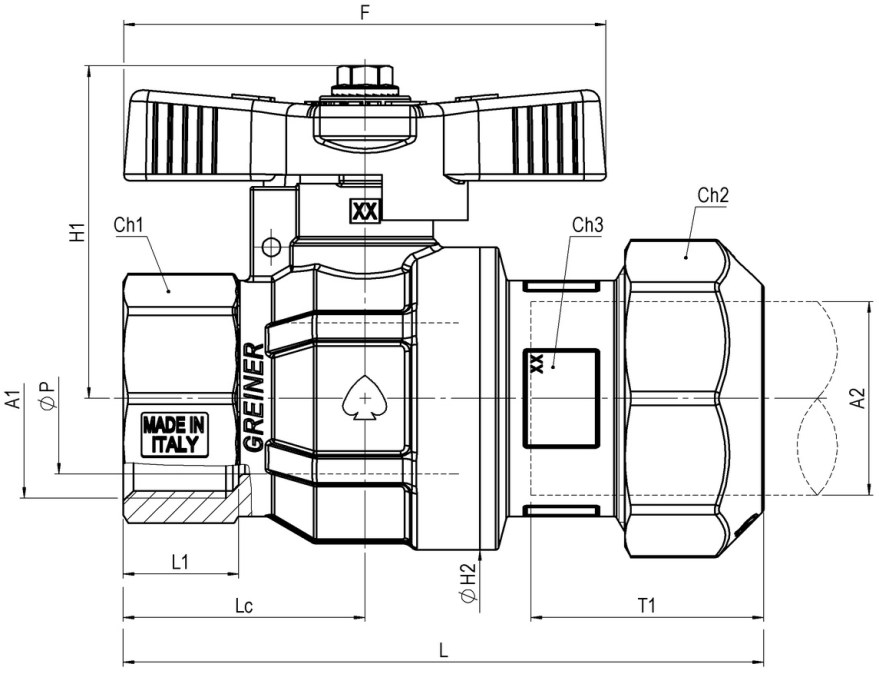 GREINER guľový kohút 1"x32mm, plnoprietokový, ľahké prevedenie, s vnútorným závitom, svorný, mosadz, poniklovanéný sv. krúžok, plyn, mosadz, poniklované