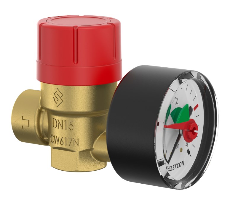 FLAMCO PRESCOMANO poistný ventil 1/2"-3/4" s manometrom, závitový, mosadz