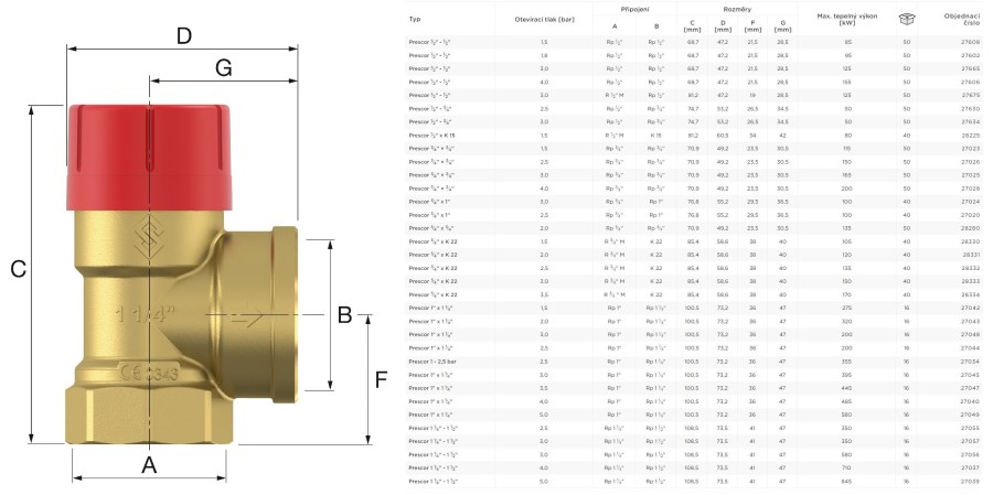 FLAMCO PRESCOR poistný ventil 1"x1 1/4", 3bar, 200kW, závitový, kúrenie, mosadz