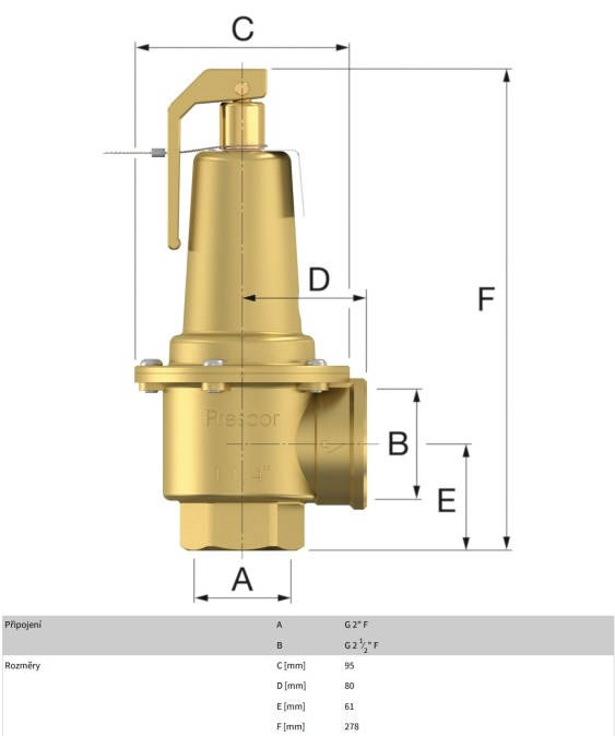FLAMCO PRESCOR SB poistný ventil 2"x2 1/2", 10bar, 900kW, závitový, voda, mosadz