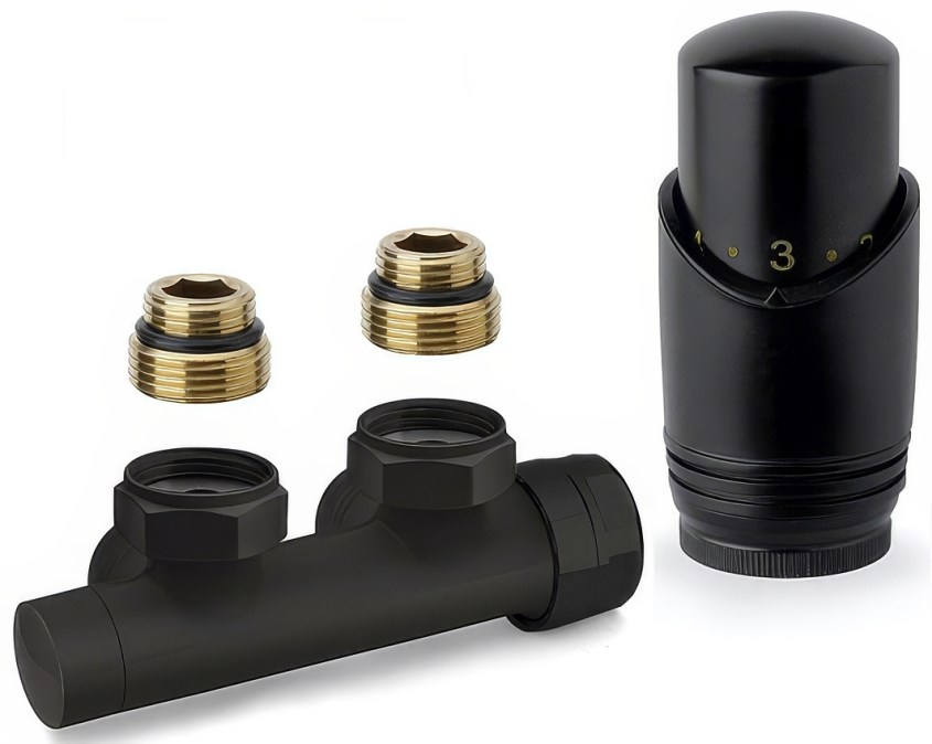 CONCEPT set pre radiátory, termostatický rohový ventil H s hlavicou M30x1,5, zverné šróbenie, pre meď, stredové pripojenie, čierna mat (sada)