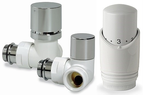 CONCEPT set pre radiátory rohový, termostatický, uhlový ventil s hlavicou, regulácia, zverné šróbenie, pre meď, stranové pripojenie, ľavý, biela/chróm (sada)