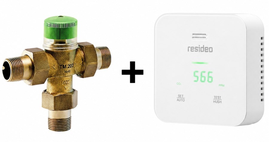 RESIDEO BRAUKMANN TM200 termostatický zmiešavací ventil 3/4", 10 bar, 90 °C, vonkajší závit, pre TÚV a vykurovacie systémy, s ochranou proti obareniu, mosadz + monitor kvality vzduchu