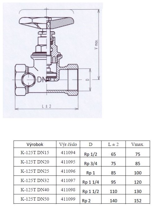 SLOVARM K-125T priamy ventil DN20 s odvodnením, vnútorný závit, voda, mosadz