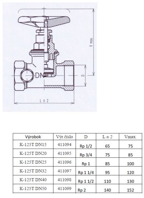 SLOVARM K-125T priamy ventil DN50 s odvodnením, vnútorný závit, voda, mosadz