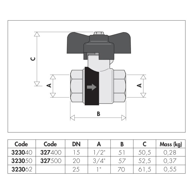 CALEFFI BALLSTOP 3230 guľový uzáver 1/2" so spätným ventilom, vnútorný závit, motýľ, voda