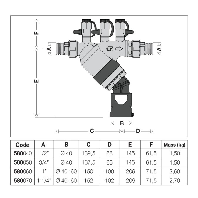 CALEFFI BA 580 systémový oddeľovač DN25, 1", PN10, závitový, mosadz