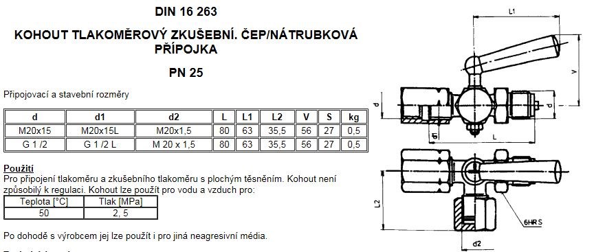 Guľový kohút G1/2", PN25, závitový, s nátrubkovou prírubou a čapom, manometrický, páka, voda, mosadz