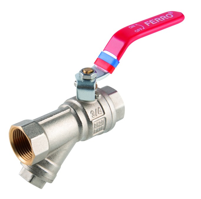 NOVASERVIS F-POWER guľový kohút MM1/2", závitový, plnoprietokový, s filtrom, páka, voda, mosadz