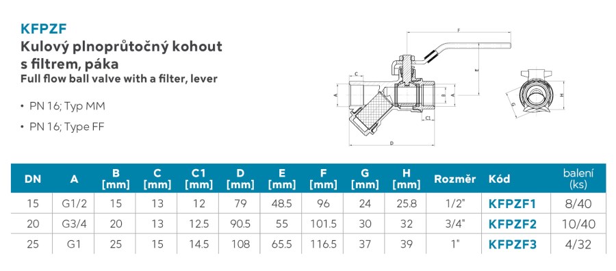 NOVASERVIS F-POWER guľový kohút MM1/2", závitový, plnoprietokový, s filtrom, páka, voda, mosadz