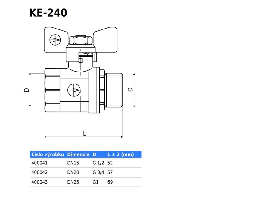 SLOVARM KE-240 guľový kohút G3/4"", M/F, závitový, motýľ, voda, mosadz
